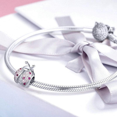 Charms Różowa Biedronka – Srebro 925, Cyrkonie, Szczęście
