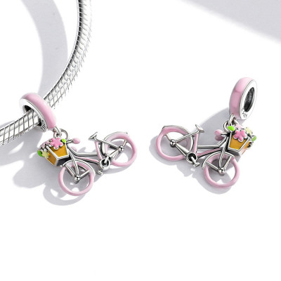 Charms Różowy Rower z Kwiatami – Srebro 925